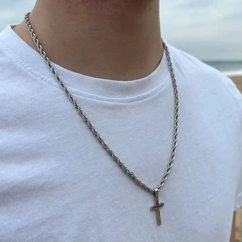Men Stainless Steel Cross Pendant Necklace Hip Hop Simple Chain Silvery Gift New