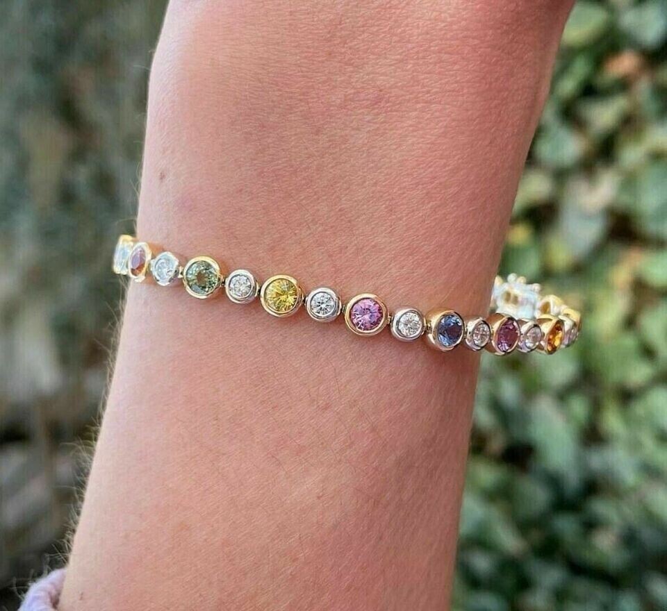 Round Cut Simulated Gemstones Women’s Gorgeous Bracelet In 14K White Gold Plated