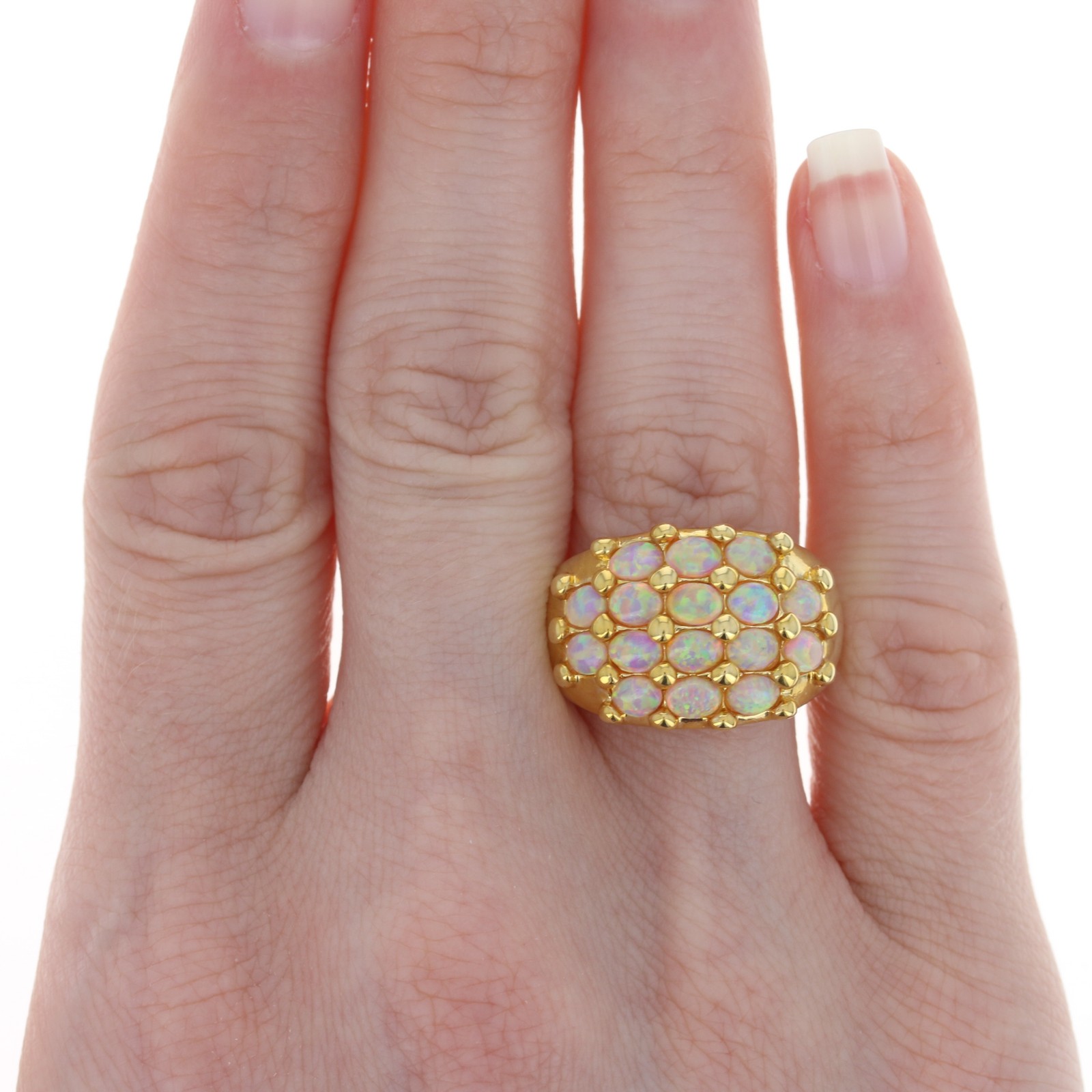 Sterling Synthetic Opal Cluster Cocktail Ring -925 Gold Plated Oval 2.40ctw Sz 8