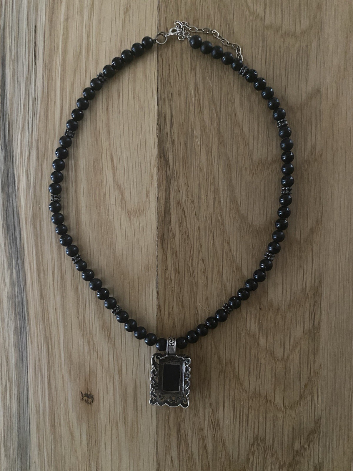 Black Onyx 925 Sterling Silver Beaded Necklace Rectangular Pendant 16-18” 30g