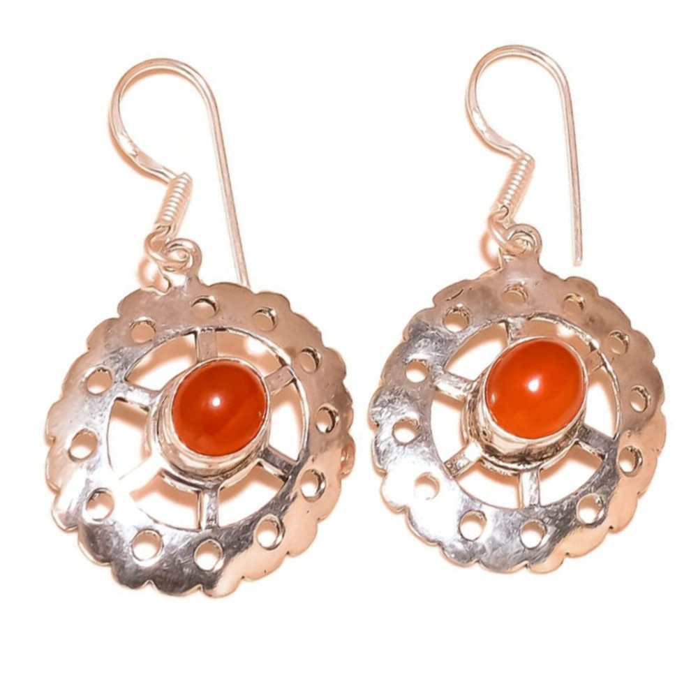 Natural Orange Carnelian Round Gemstone 925 Silver Handmade Drop Dangle Earrings
