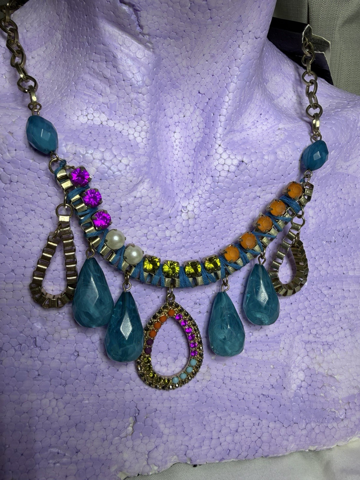 Colorful Statement Bib Necklace Blue Teardrop Rhinestone Boho Festival #07