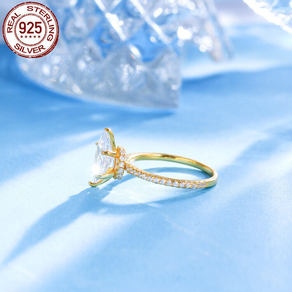 925 Sterling Silver Ring Gold Plated CZ White Marquise Cut Wedding Engagement