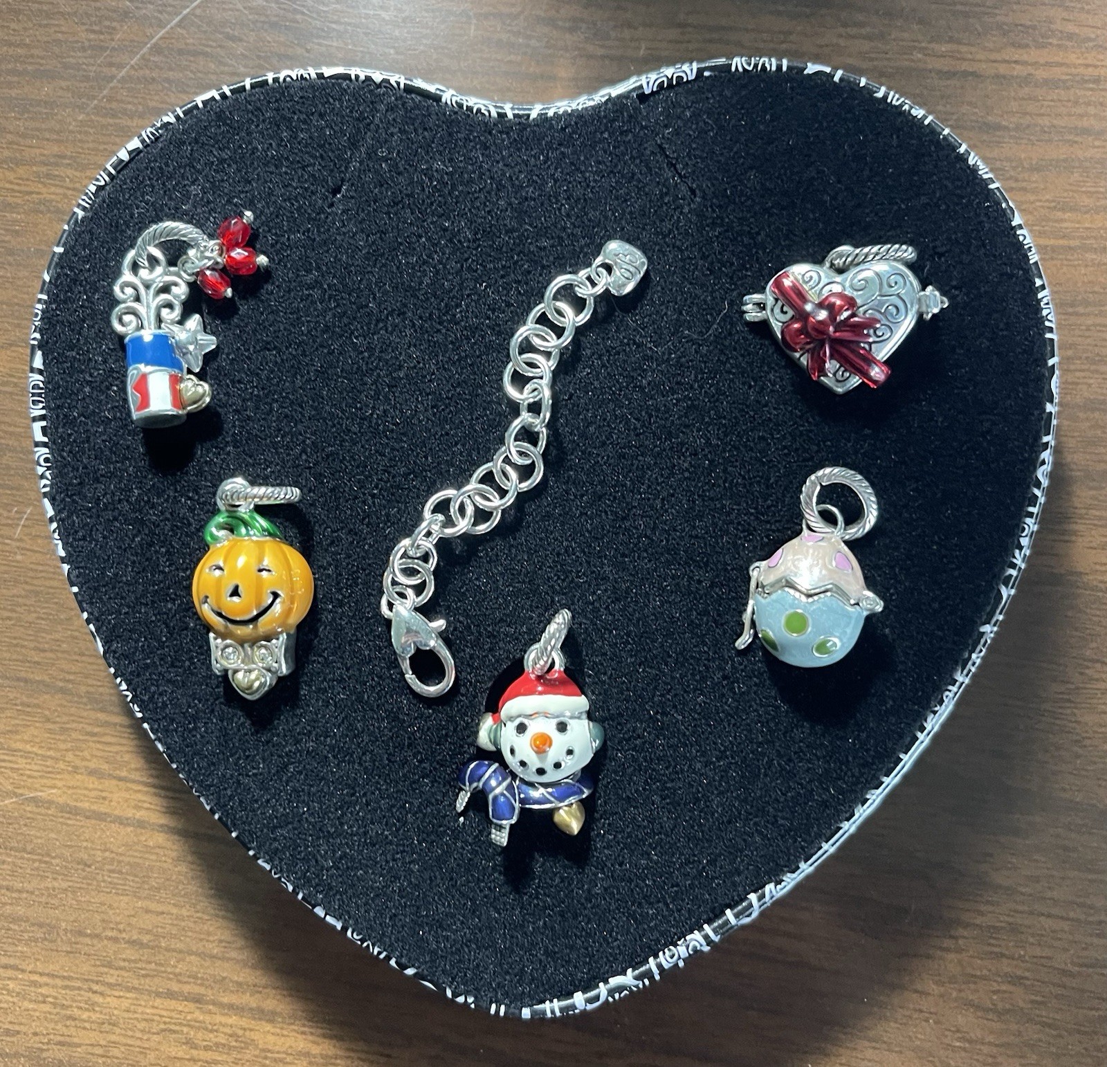 Brighton 5 Holiday Charms In Heart Tin Heart, Egg, Snowman, Pumpkin, 4th July