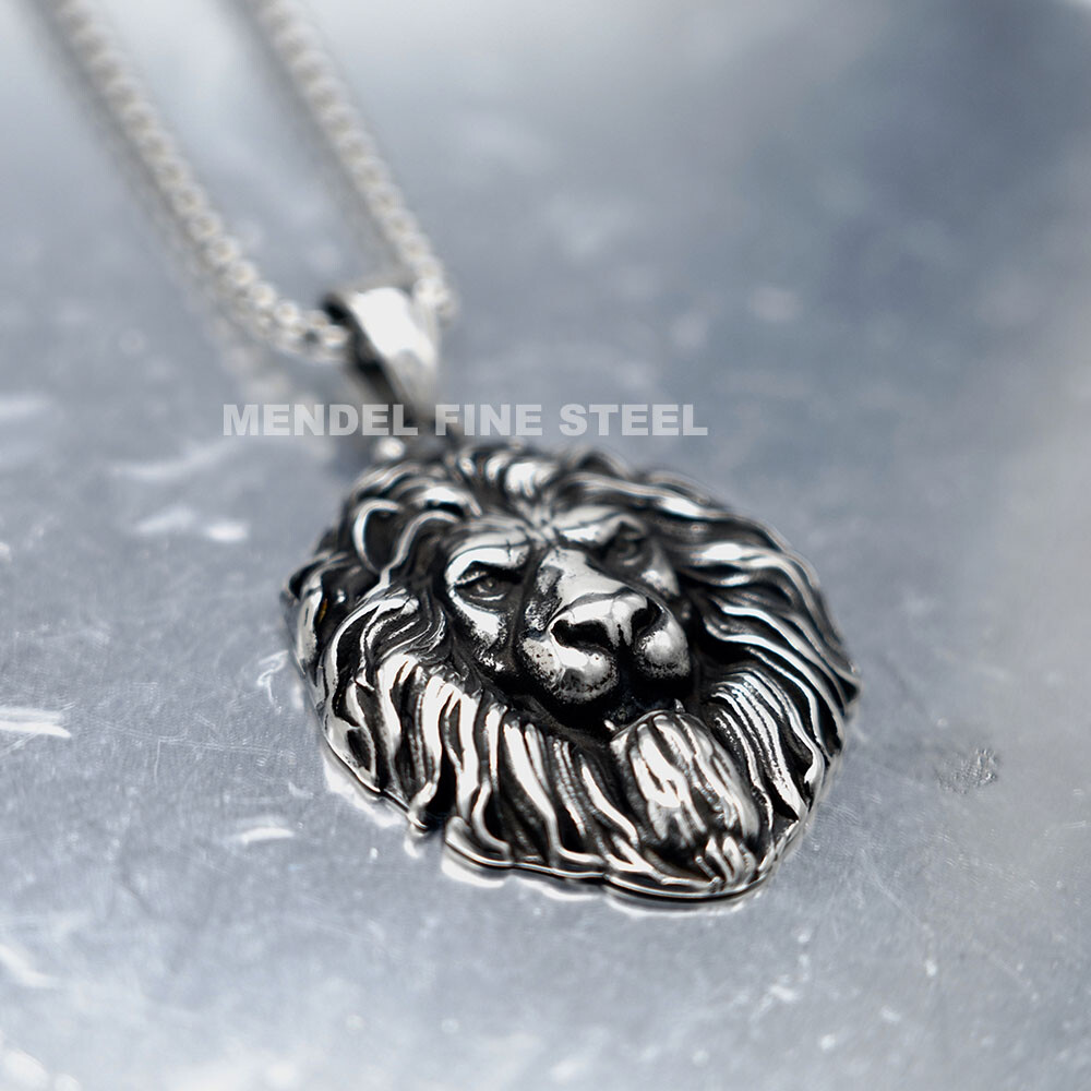 MENDEL Cool Mens Stainless Steel Lion King Head Pendant Necklace Silver For Men