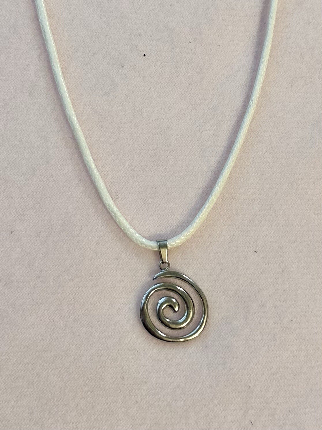 Silver Spiral Swirl Pendant Necklace White Cord Unisex Women Men Brand New