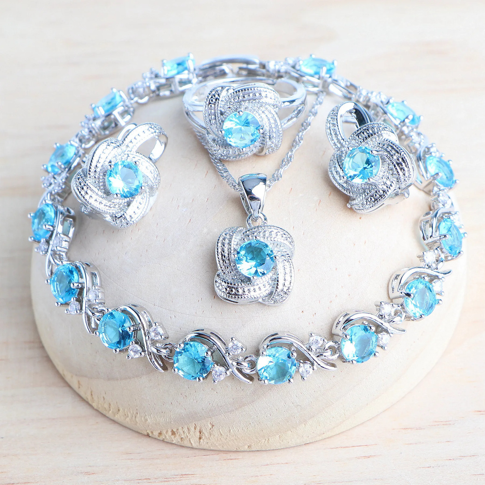 Blue Zirconia 925 Sterling Silver Bridal Women’s Jewelry Set
