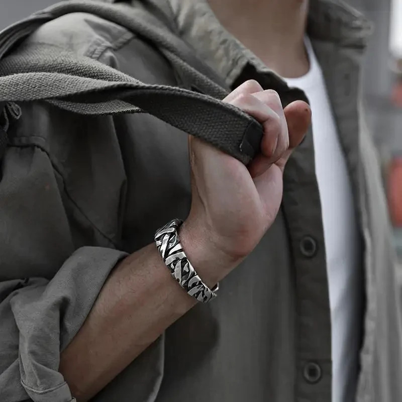 Retro C-Shaped Braided Alloy Cuff Bracelet Silver Color Men Fashion Jewelry