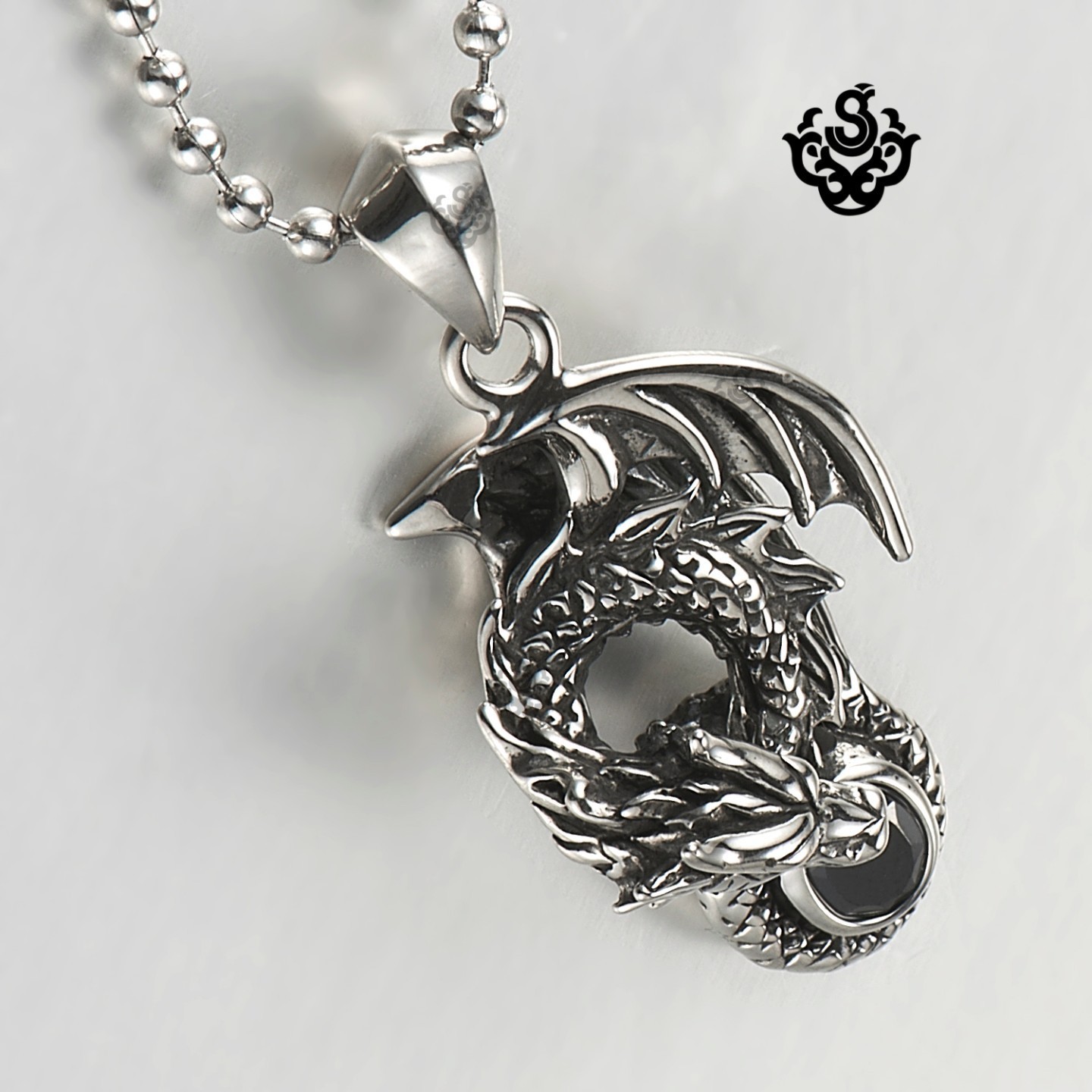Silver Gothic Dragon Pendant Necklace Black Crystal Stainless Steel 60cm Chain