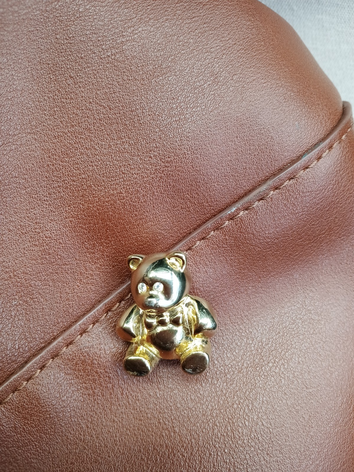Gold Tone Teddy Bear Brooch Rhinestone eyes