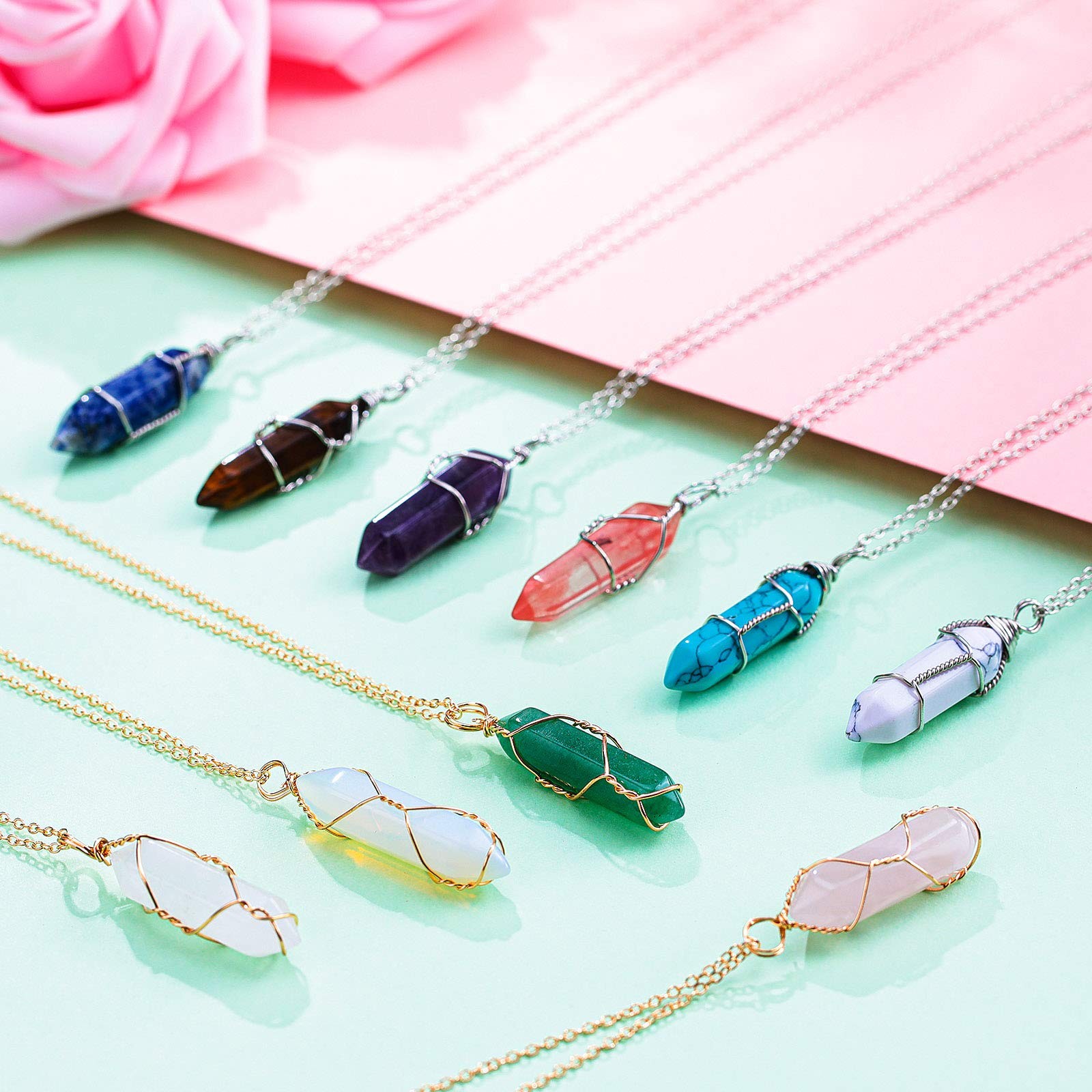 10 Pcs Hexagonal Crystal Pendant Necklace Full Wire Wrap Gemstone Necklace