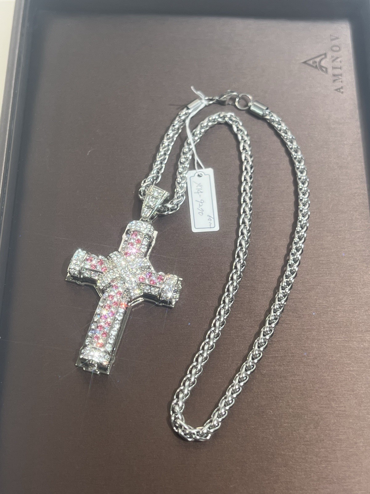 Stainless Steel CZ Cross Pendant Necklace, Silver Tone, Red Cubic Zirconia Chain