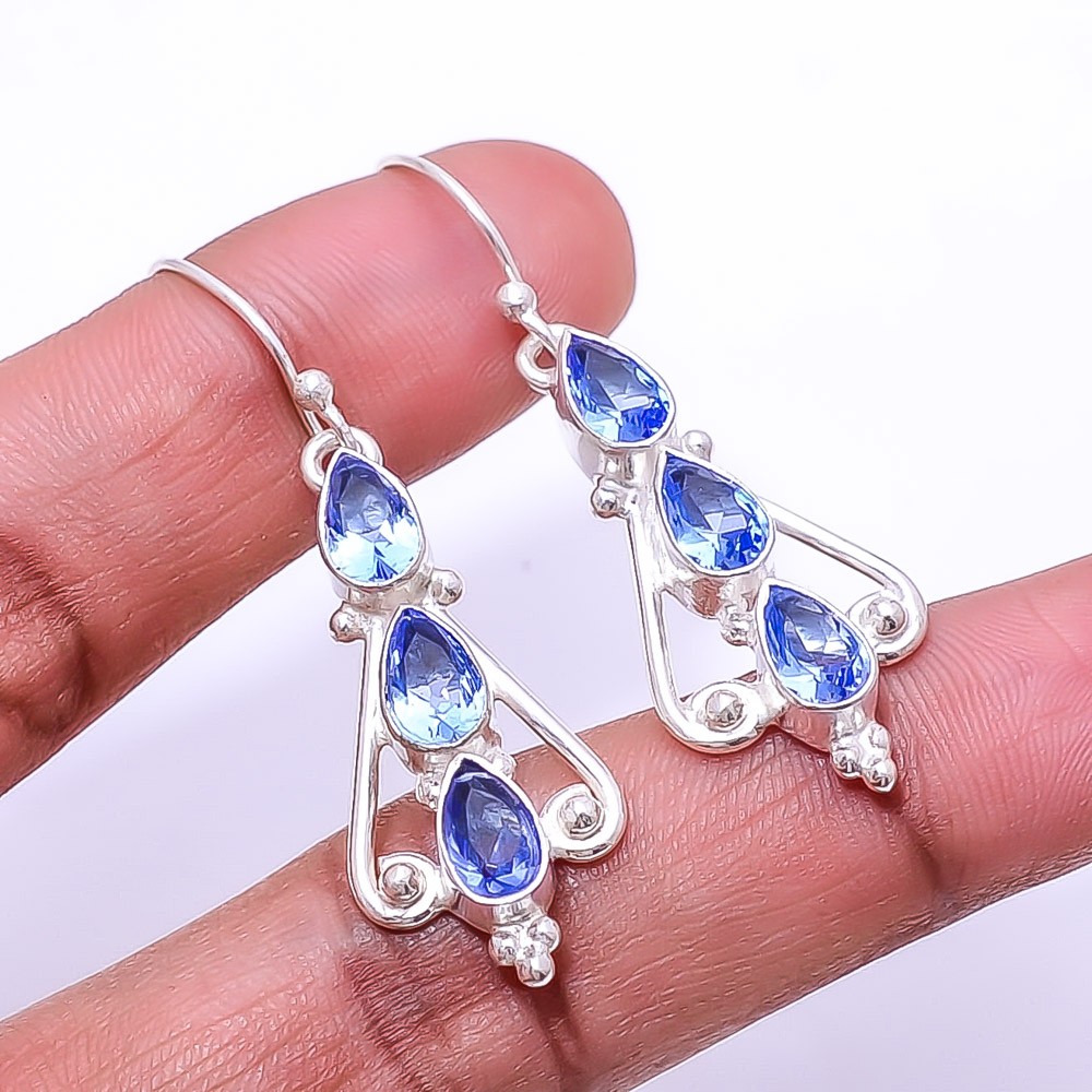 Tanzanite Multi Collet 925 Sterling Silver Earring 1.95″ E32, Christmas Gift