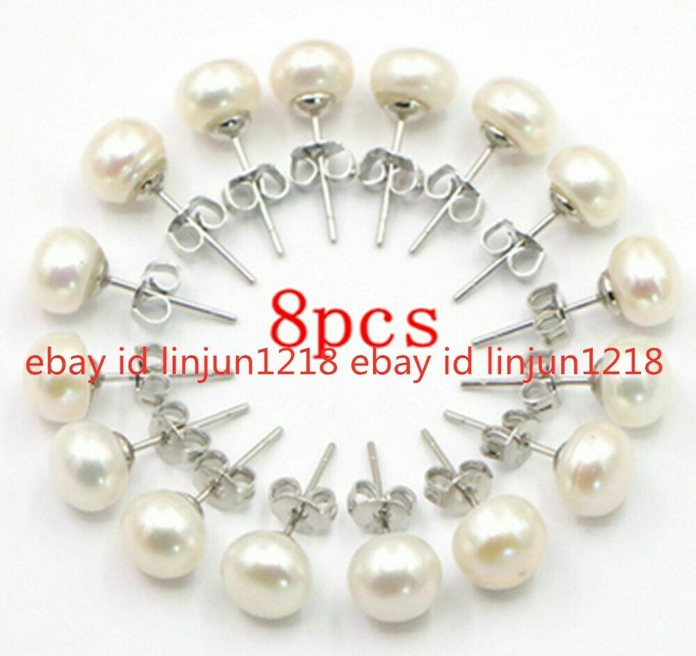 Lot 8 Pair 7-8mm White Pink Purple Black 925 Sterling Silver Stud Pearl Earrings