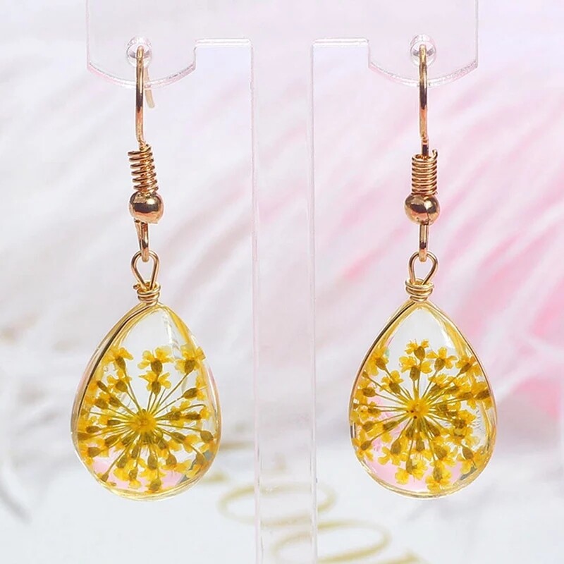 REAL Flower Earrings Dried Pressed resin glossy rose daisy gold Cottagecore cute