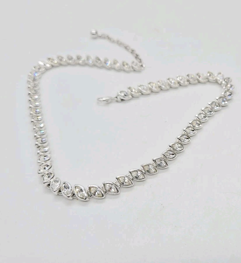 Tennis Necklace Marquise Crystal Rhinestone Silver tone Choker 17 in Adjustable