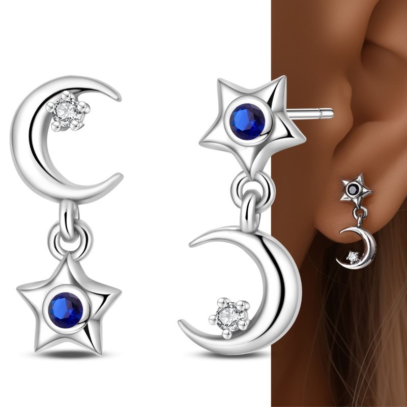 PANDACH 25 Sterling Silver Asymmetric Star & Moon Stud Earrings For Women Gifts