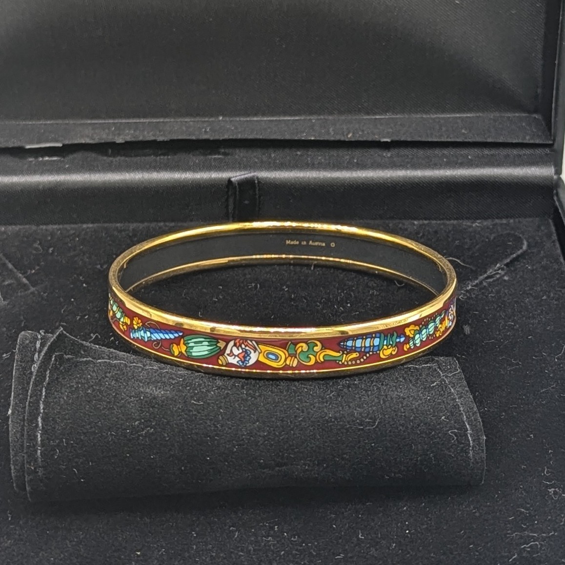 Authentic Hermès Narrow Printed Enamel Bangle Bracelet Gold Plated