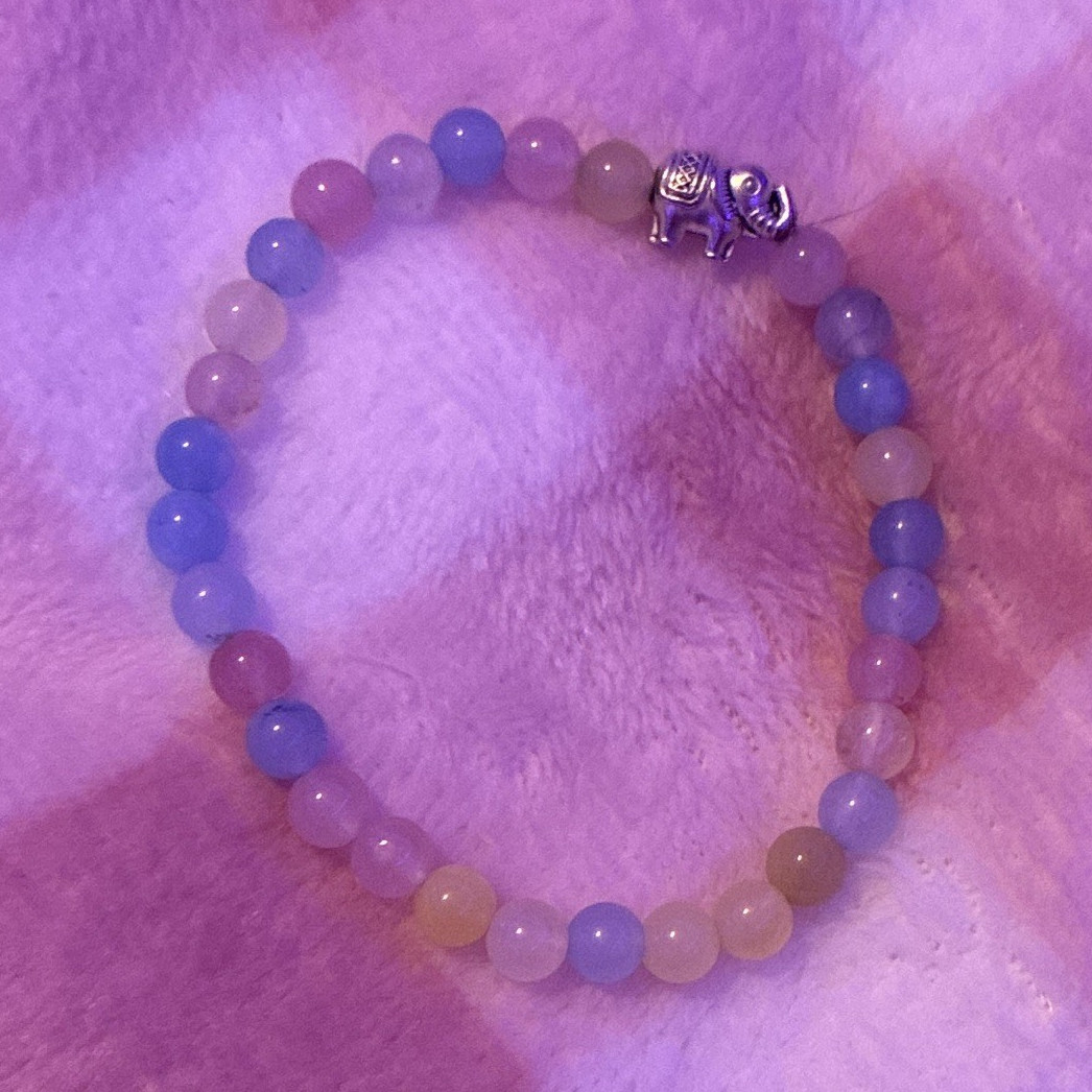 Pink & Blue Beaded Stretch Stackable Bracelet Elephant Dangle Charm, Slip-On