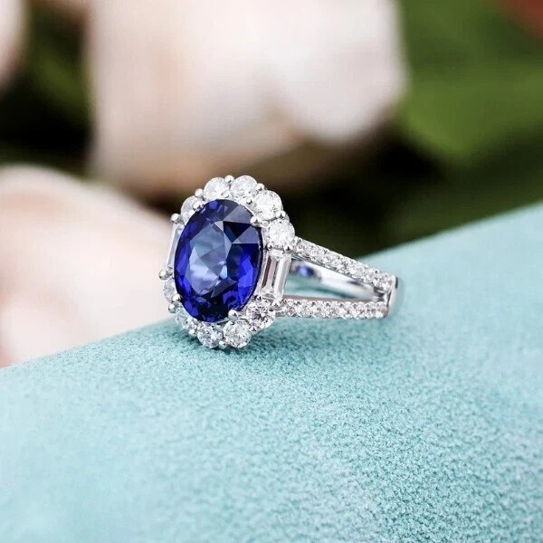 3.60 Ct Natural Blue Sapphire Diamond Wedding Ring 14K Solid White Gold Size 5.5