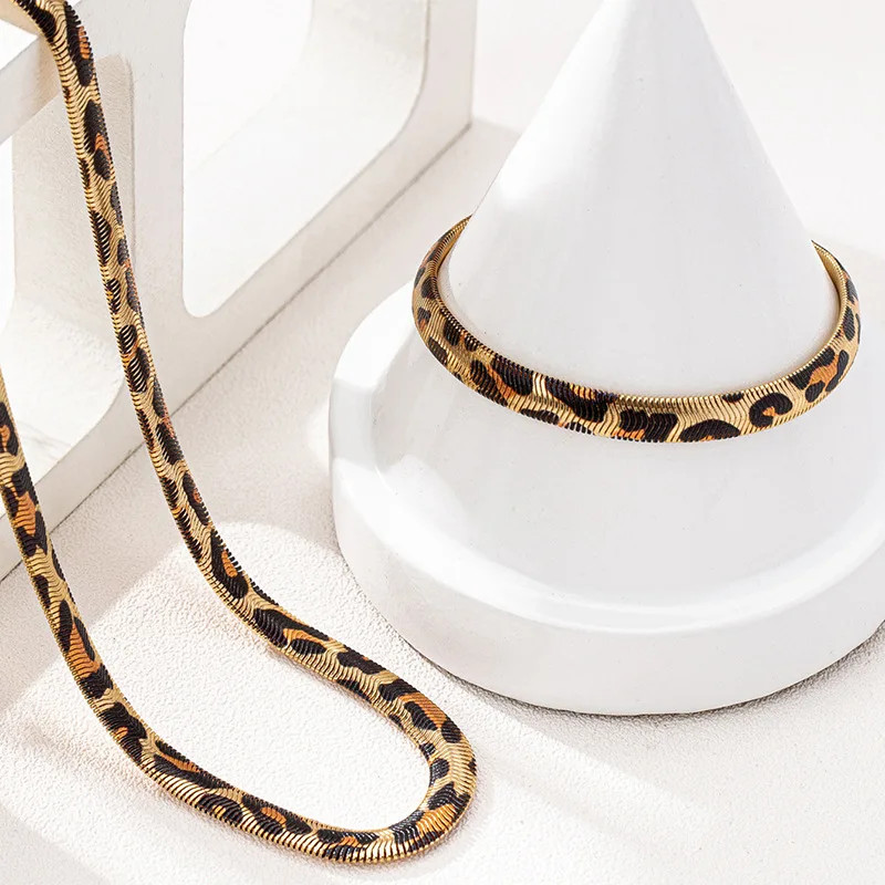 Leopard Print Snake Chain Bracelet Necklace Set For Women Fashion Jewelry Daily
