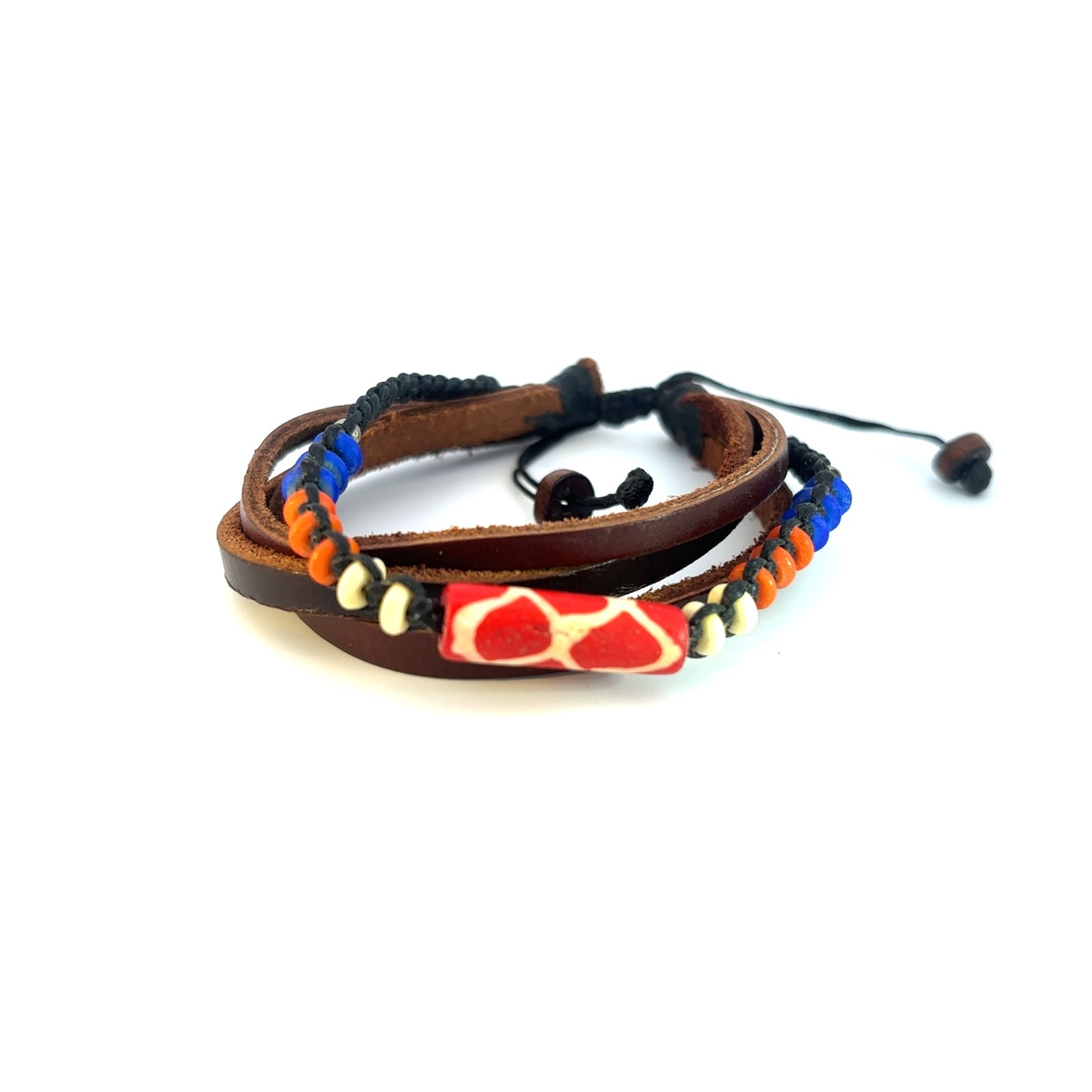 Handmade Men Leather Braided Bracelet Set Tribal Beaded Boho Adjustable