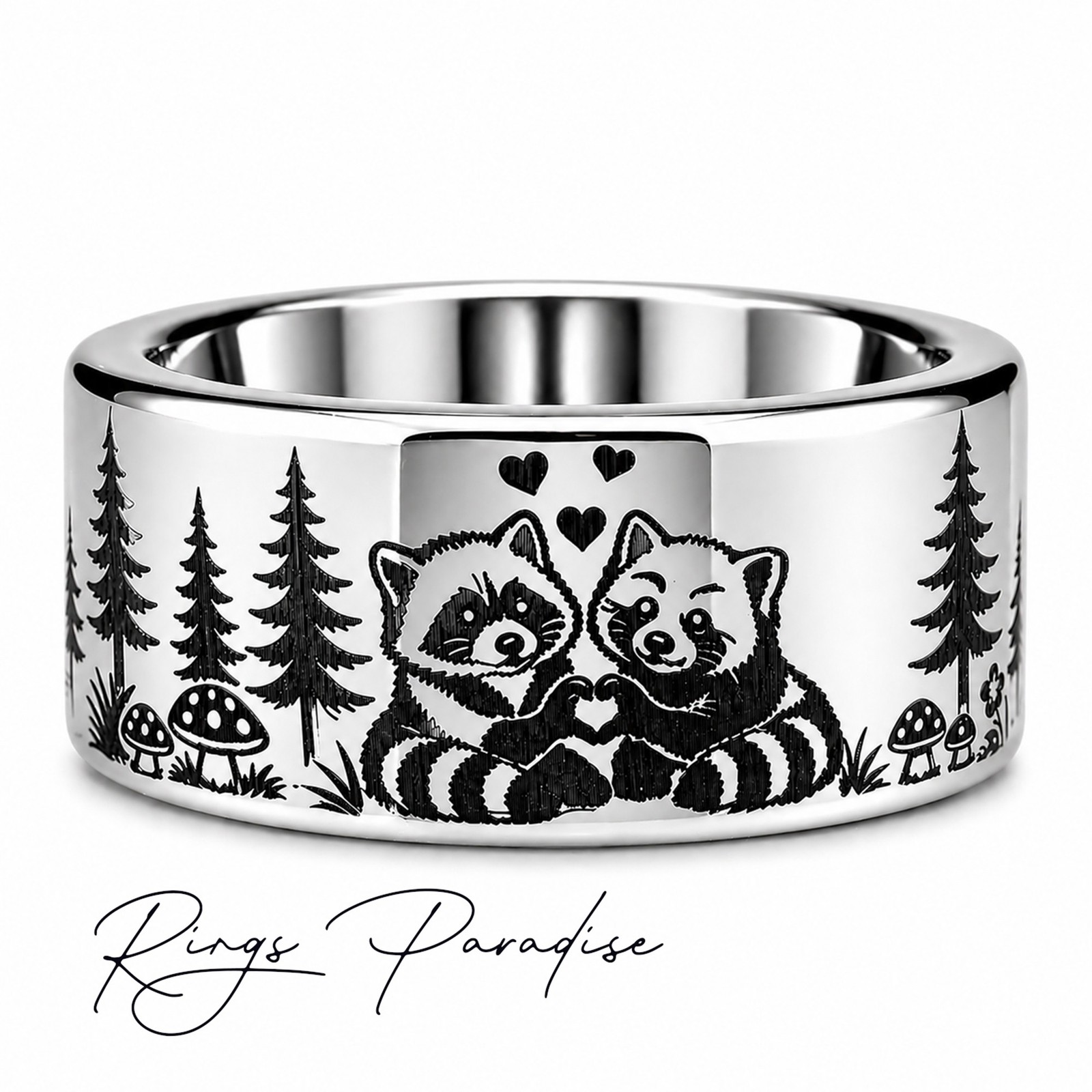 Raccoon and Red Panda Engraved Ring – Forest Animal Design – 8mm, 10mm,12mm