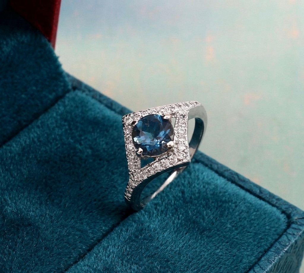 Art Deco London Blue Topaz Kite Ring, Sterling Silver Geometric Halo Engagement