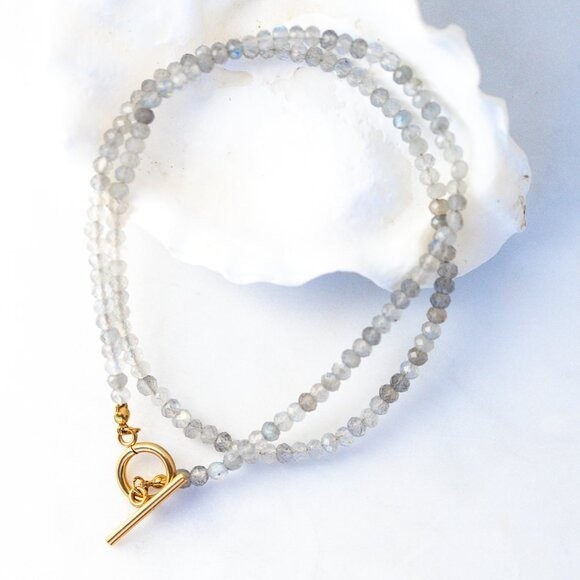 Labradorite Beaded Necklace Gold Toggle Clasp Waterproof Gold Gemstone Jewelry
