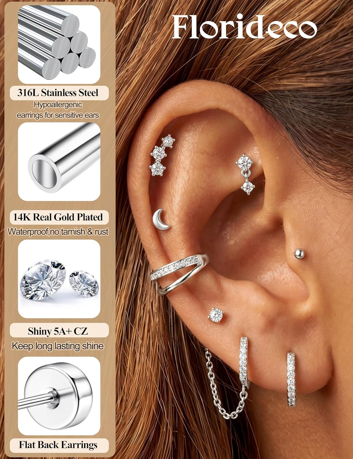 14K Gold Plated Earrings for Women Hypoallergenic 20G Surgical Stainless Steel F