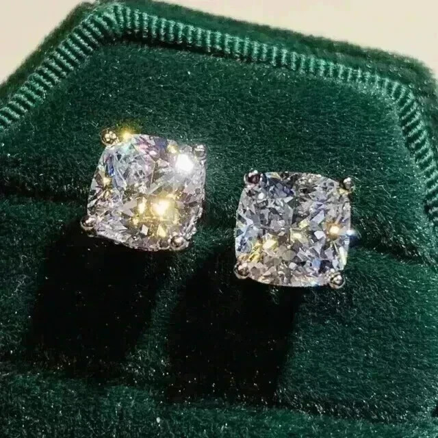 4.00CT Cushion Cut Simulated Diamond Women’s Stud Earrings 14K White Gold Plated