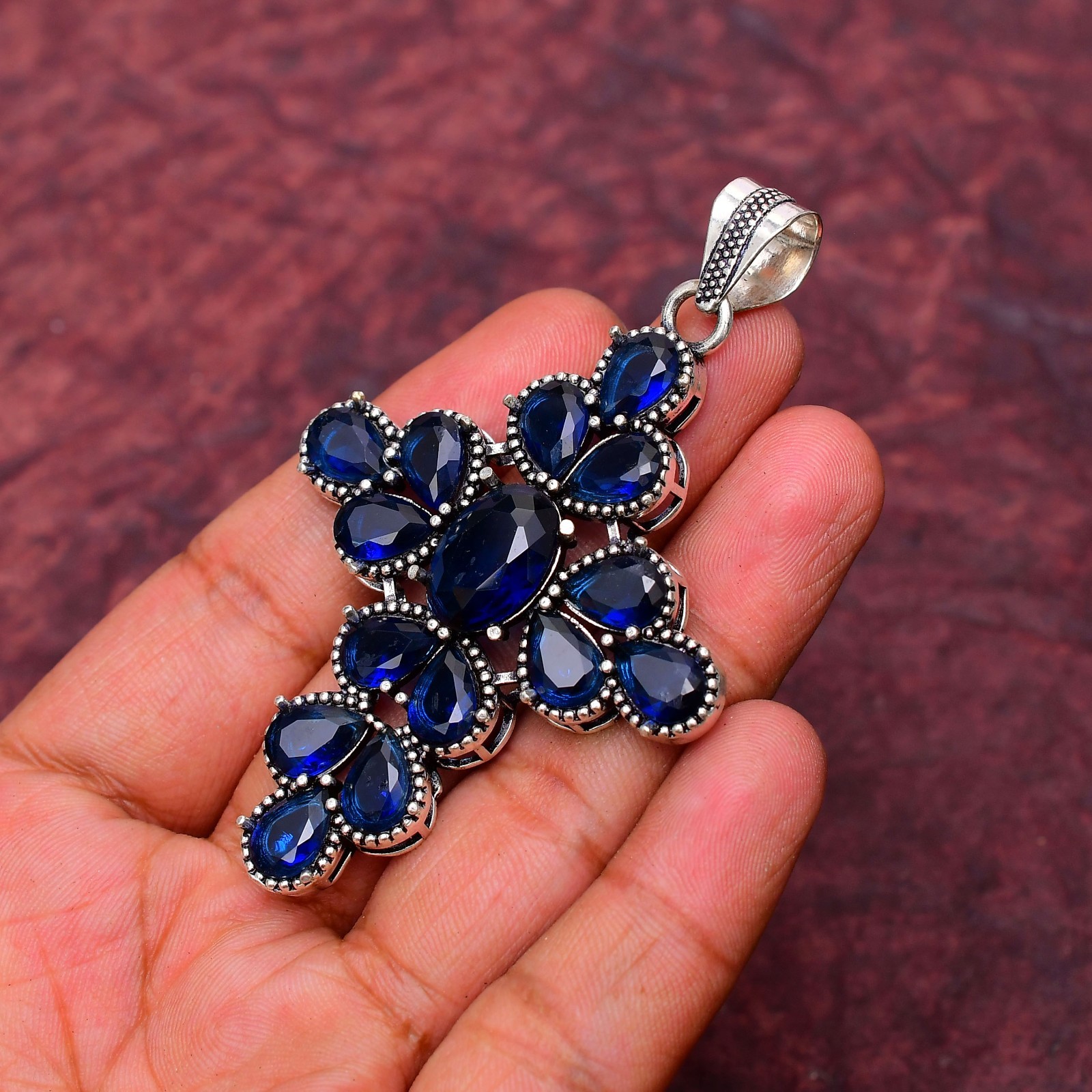 Blue Sapphire Gemstone 925 sterling silver Handmade Cross Pendant jewelry 2.75″