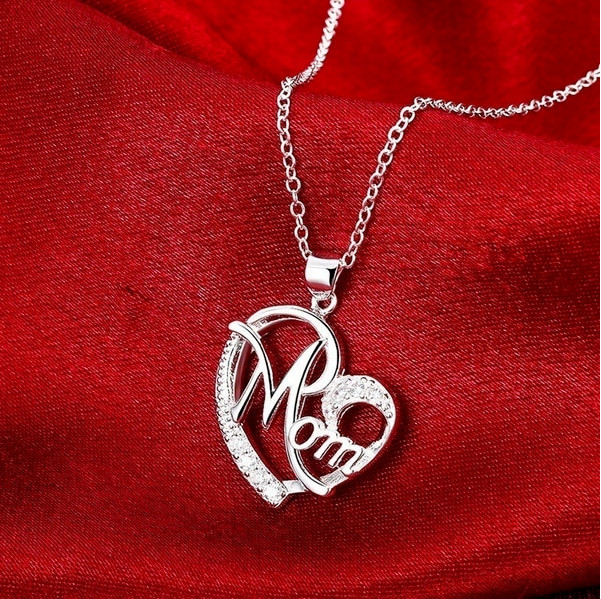 Silver Mom Love Heart Charm Pendant Chain Necklace Great Gift Mother’s Day, Mum