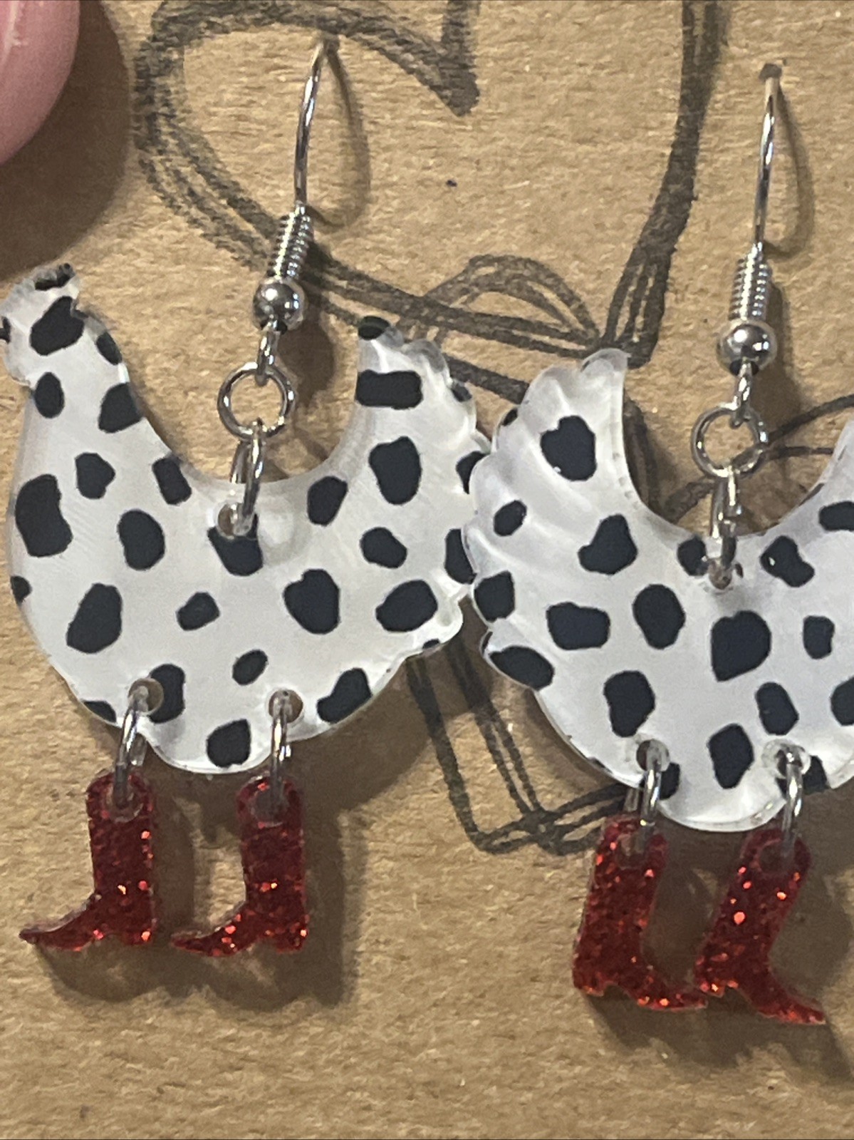 Black & White Chicken & Red Boots Earrings