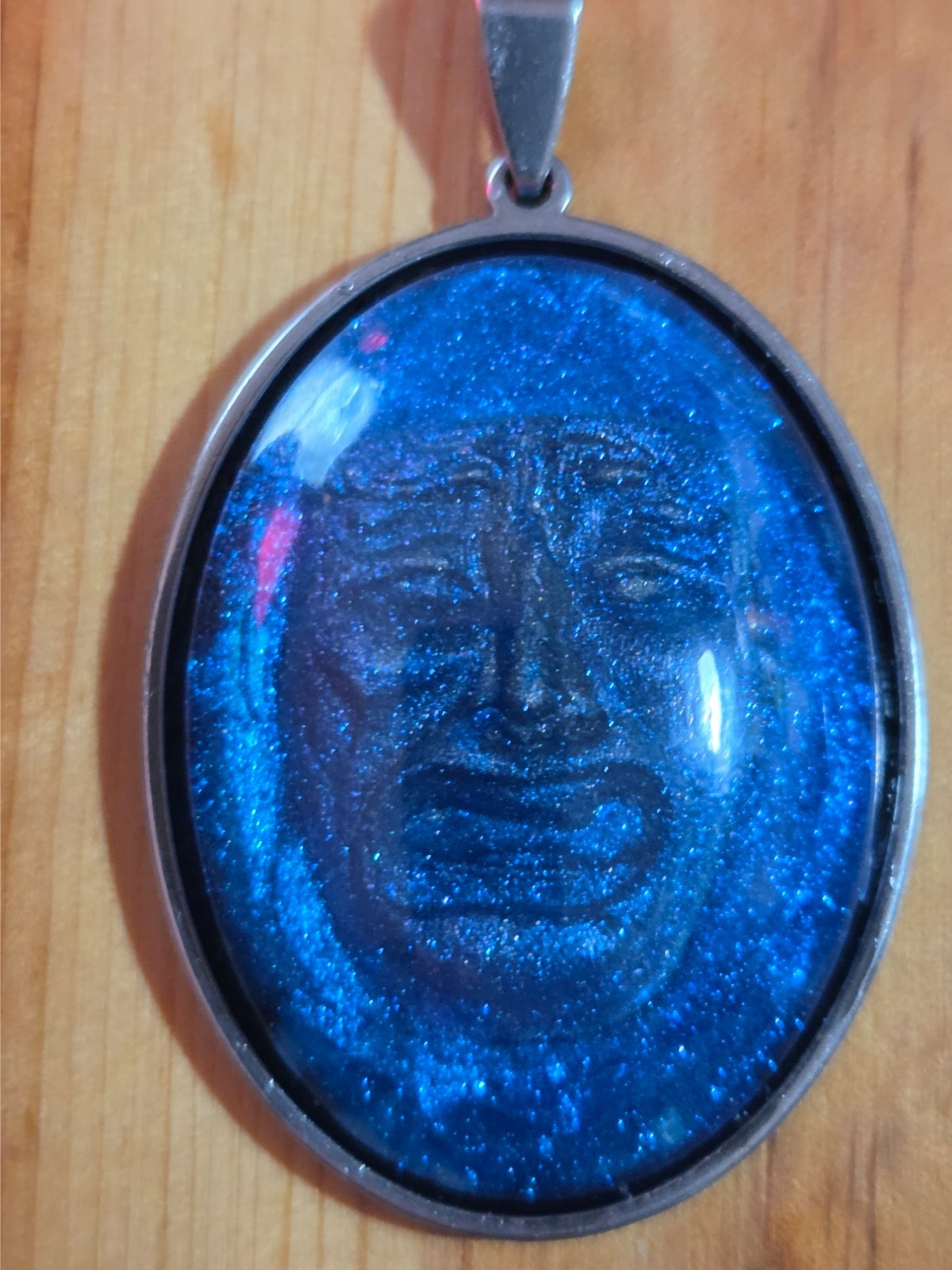 Handmade Blue Resin Face Pendant – Glitter Cabochon in Stainless Oval Setting