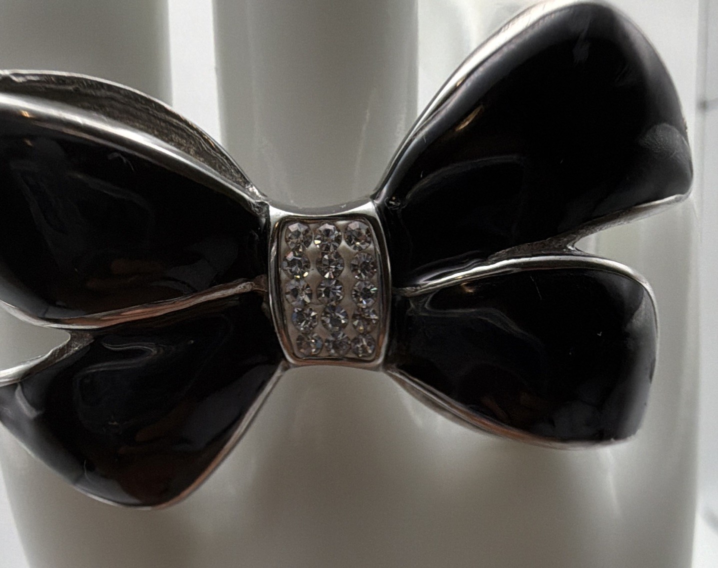Stainless Steel Black Bow Cocktail Ring Pavé Round White Crystal Size 10.25