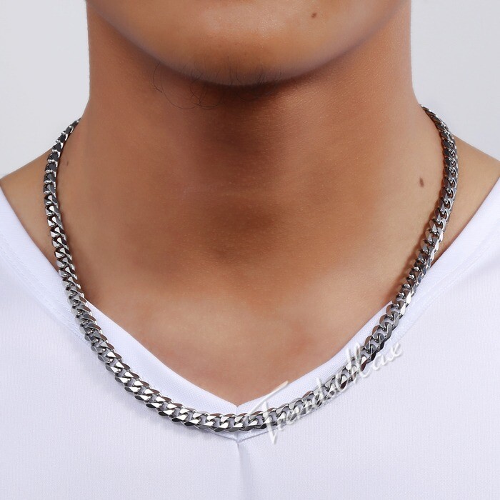 7MM Necklace Bracelet Set Curb Cuban Link Stainless Steel Chain Silver For Men