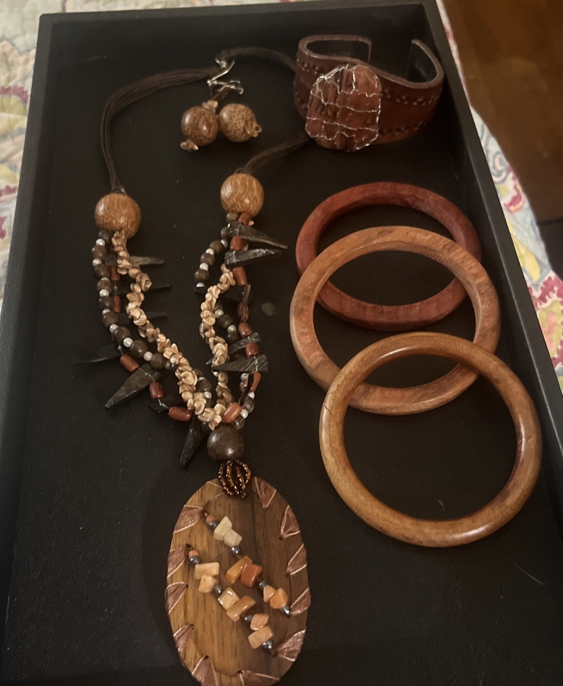 Artisan Boho Jewelry Bundle – 1 Necklace, 4 Bracelets, 1 Pair Earring Wood Cool