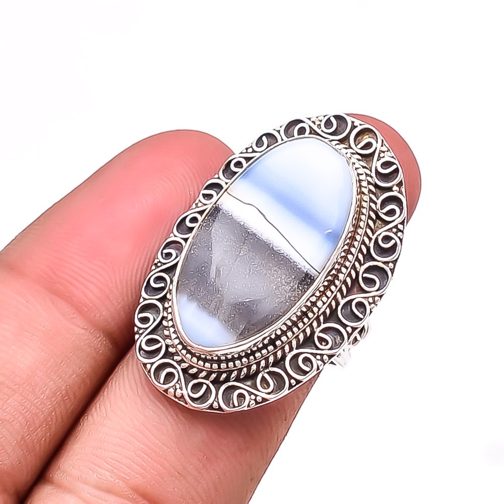 Banded Blue Opal – Owyhee Gemstone 925 Sterling Silver Bali Ring S.8 R23