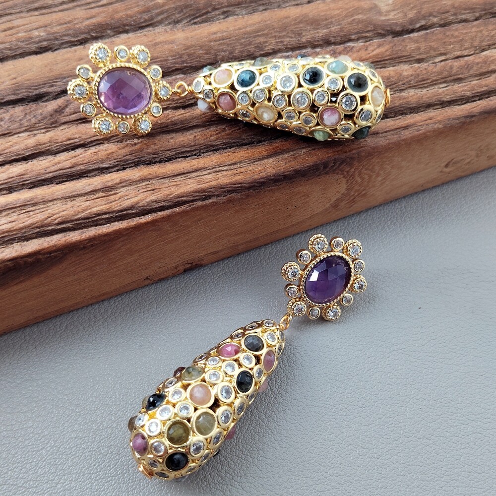 Gold Plated Amethyst Tourmaline Gemstone Dangle Stud Earrings Trendy Jewelry