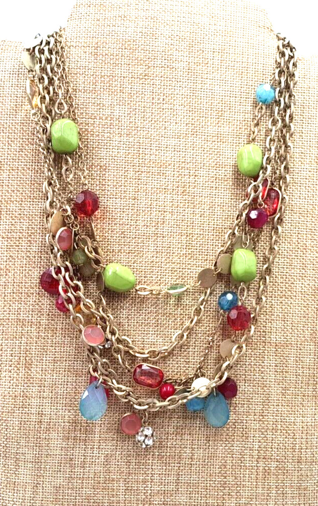 VTG Green Blue Red Pink Acrylic Beads Rhinestone Gold Tone 18″ Multi Necklace