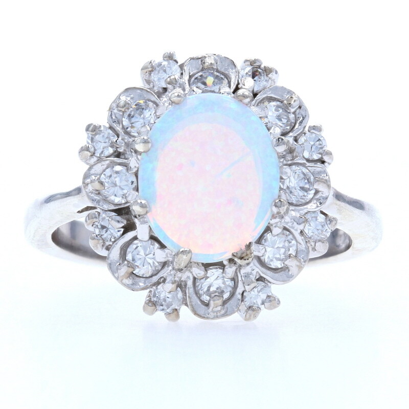 Sterling Synthetic Opal & Cubic Zirconia Floral Halo Ring -925 Oval 1.70ctw Sz 7