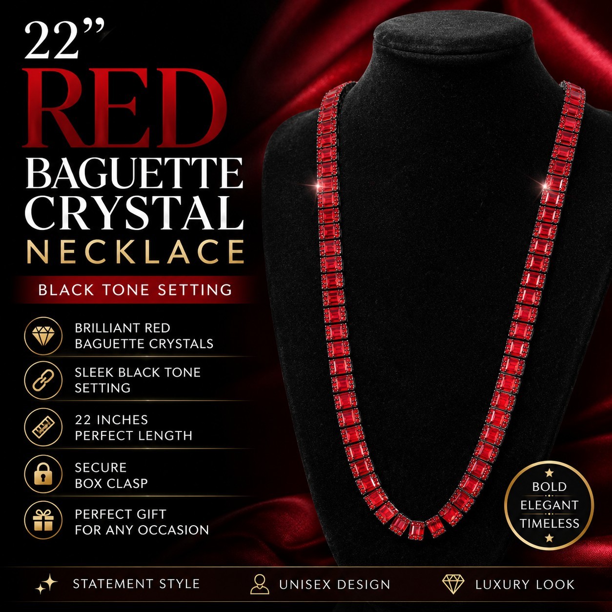 22″ Red Baguette Crystal Tennis Necklace Black Tone Setting Statement Jewelry…