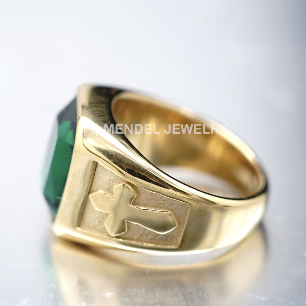 MENDEL Mens Gold Plated Christian Cross Green CZ Stone Ring For Men Size 7 8-15