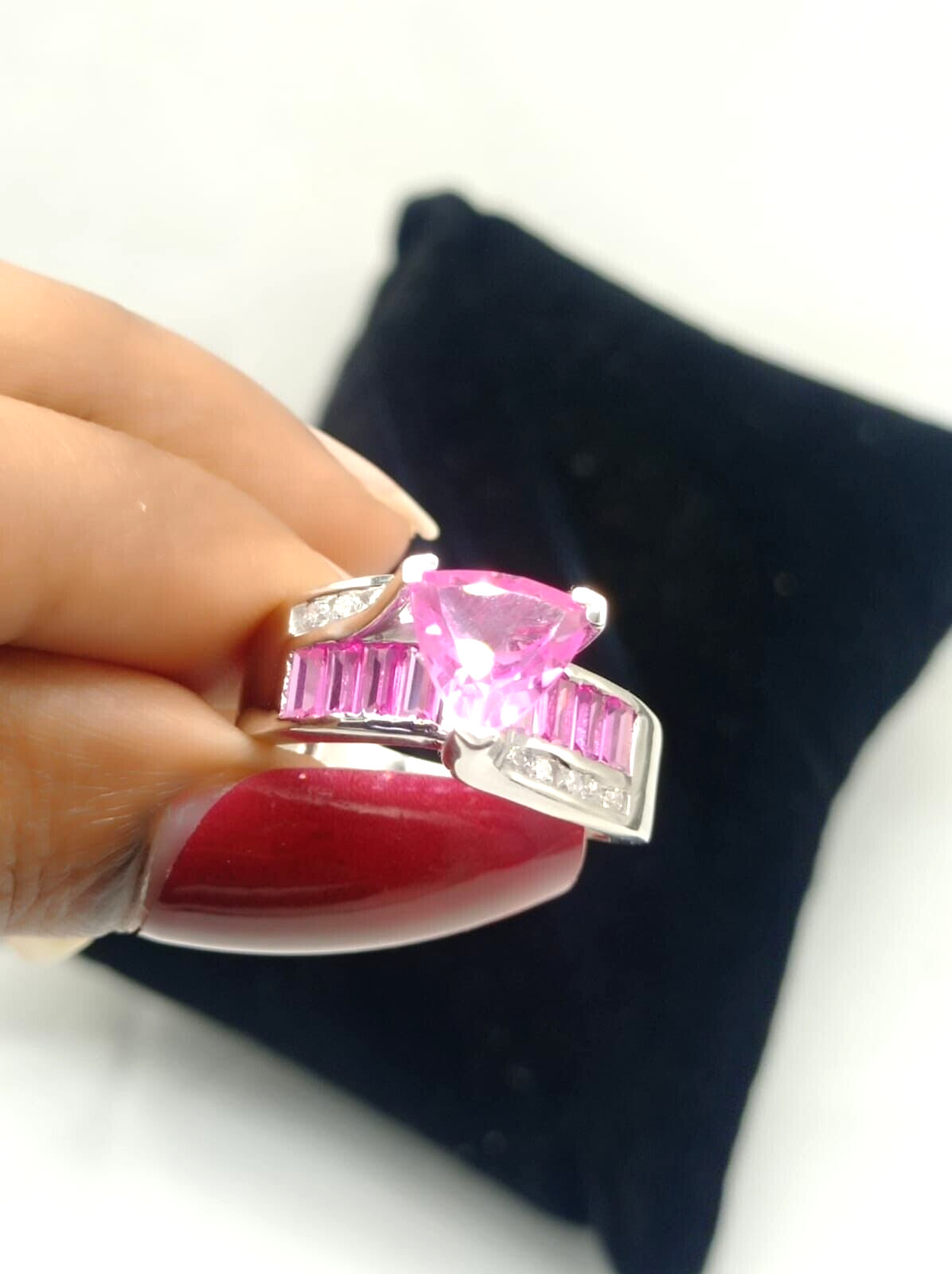 2Ct Trillion Cut Simulated Ruby Women’s Band Ring 14k White Gold Plated Silver