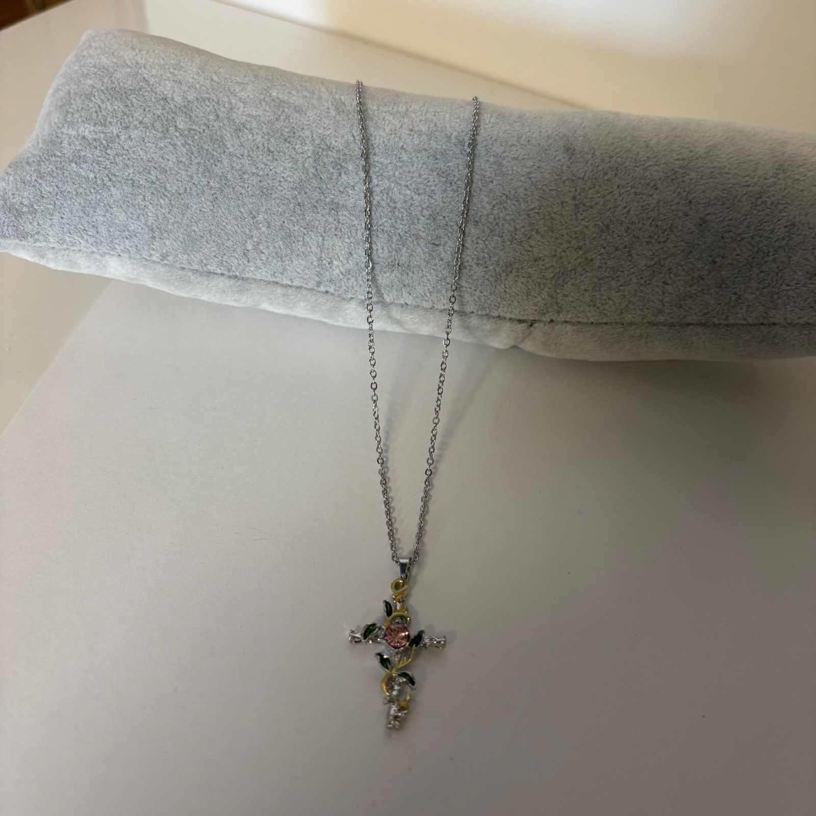 Gold and Silver Tone Leaf Cross Pendant Necklace Pink Crystal Accent NEW