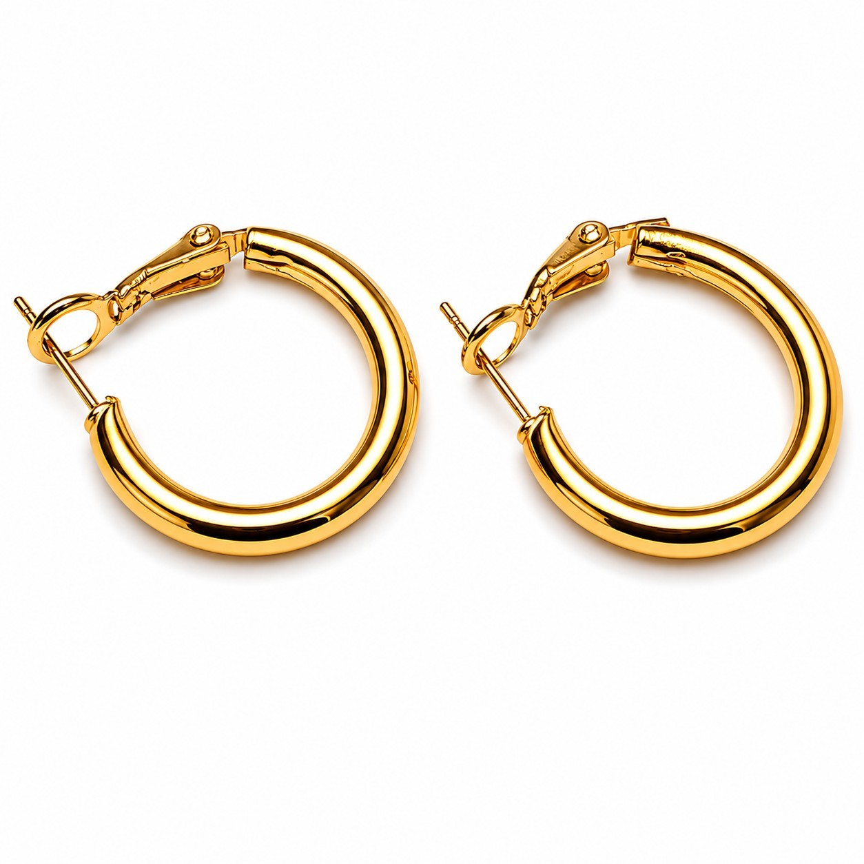 Gold Tone Hoop Earrings – Smooth Round Hinged Hoops, Classic Everyday Statement