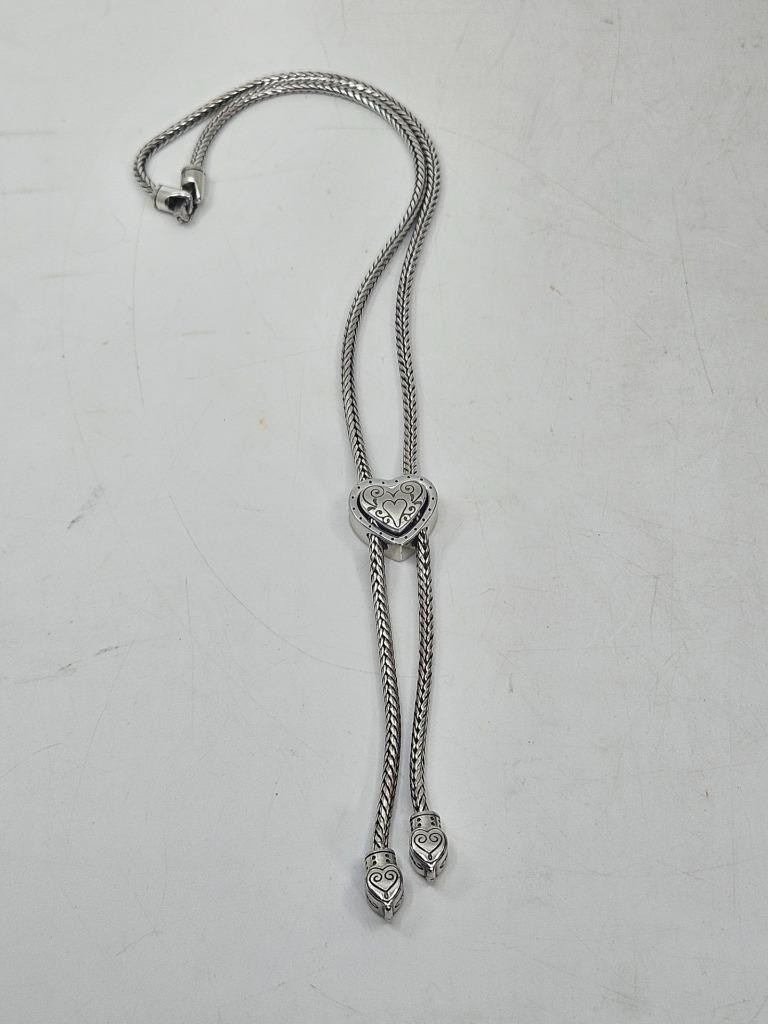 Brighton Eliza Silver Heart Slide Bolo Lariat Necklace #597 Wheat Chain Retired