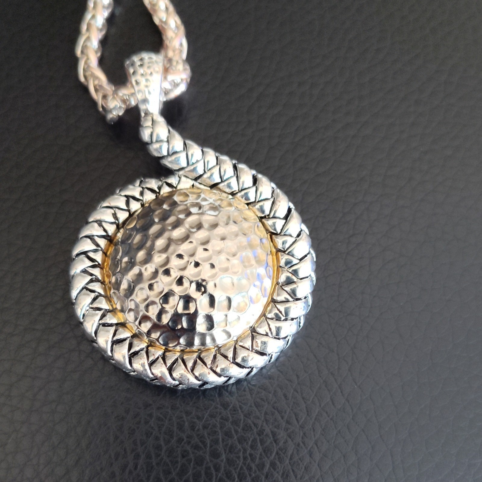 two-tone silver & gold tone round coin pendant spiga/wheat chain toggle