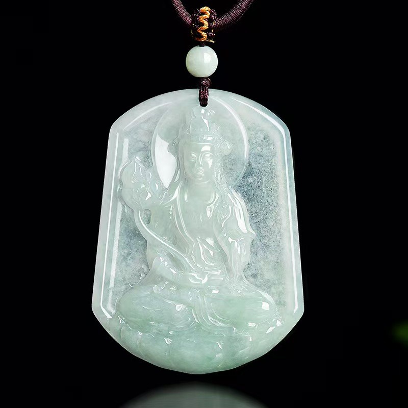 Real Grade A 100% Natural White Green Jade Jadeite Guanyin Pendant Necklace